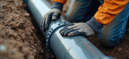 Operaio intento a sistemare una condotta fognaria