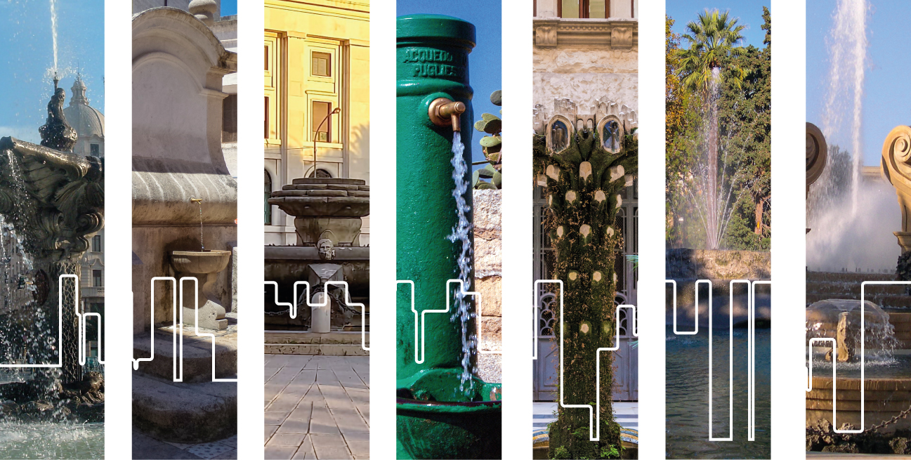 Composizione grafica composta da sette sezioni verticali, ognuna delle quali mostra una diversa fontana o installazione idrica, caratteristica del territorio servito dall'Acquedotto Pugliese
