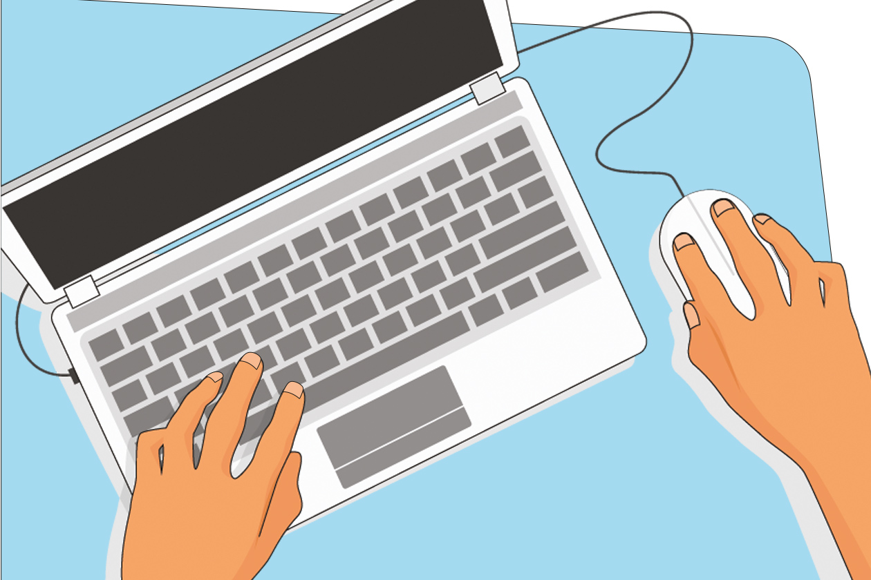 un'illustrazione in stile vettoriale bidimensionale con una prospettiva dall'alto, che mostra una persona intenta a utilizzare un computer portatile su una scrivania.