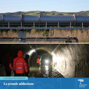 La grande adduzione si snoda per 5.700 Km in Campania, Basilicata e Puglia. Un complesso suddiviso in 6 schemi idrici: Sele-Calore, Pertusillo, Sinni, Fortore, Locone e Ofanto. La più grande arteria è il Canale Principale: 245 km, dal massiccio del Cervialto (Av) a Montefellone, nell’agro di Villa Castelli (Br), con una portata di circa 4.500-5.500 litri al secondo.