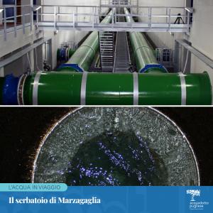 Il serbatoio di Marzagaglia, situato a Gioia del Colle, è composto da due serbatoi con una capacità di accumulo complessiva di circa 200 mila metri cubi di acqua. Questo nodo idraulico consente un’efficiente gestione del servizio idrico in tutta la Puglia centro meridionale, con un bacino di utenza di oltre 2 milioni di cittadini.