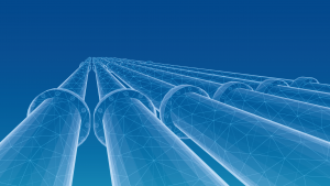 illustrazione digitale monocromatica in tonalità di blu, sul lato destro una serie di tubazioni industriali viste da una prospettiva dal basso verso l'alto. 