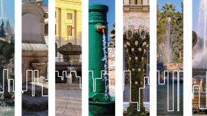 Composizione grafica composta da sette sezioni verticali, ognuna delle quali mostra una diversa fontana o installazione idrica, caratteristica del territorio servito dall'Acquedotto Pugliese